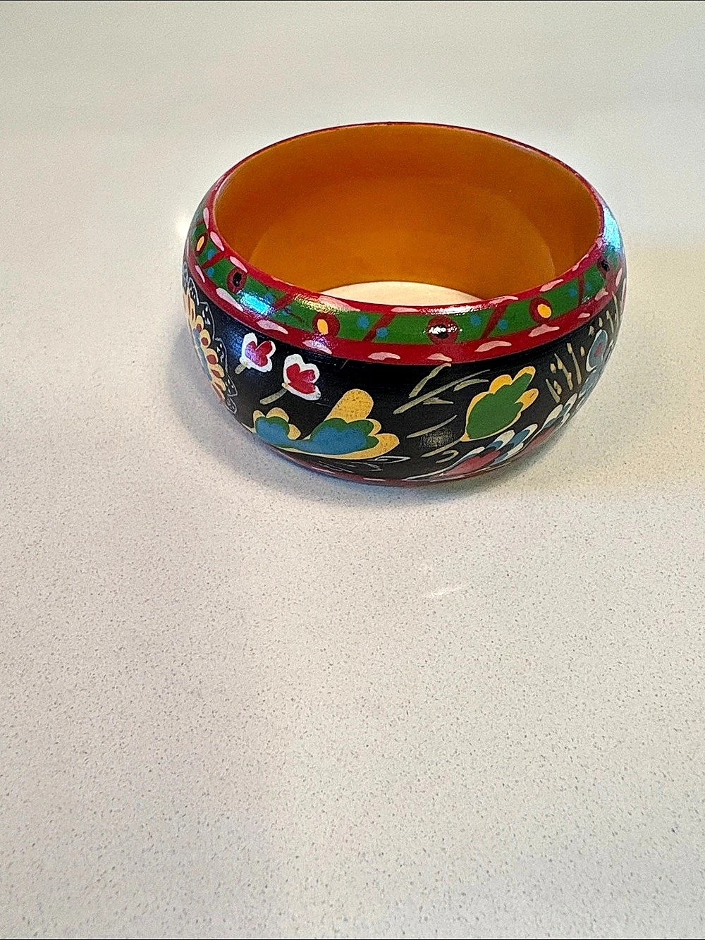 Vintage Wood and Lacquer Painted Floral Bangle Bracelet